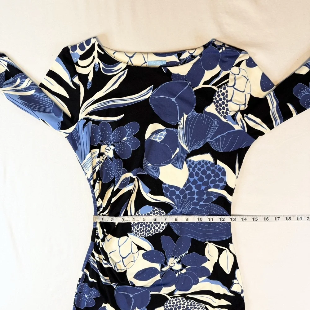 J McLaughlin Size S Blue Floral Catalina Cloth Ruched Sheath Dress 3/4 Sleeve - Picture 7 of 15